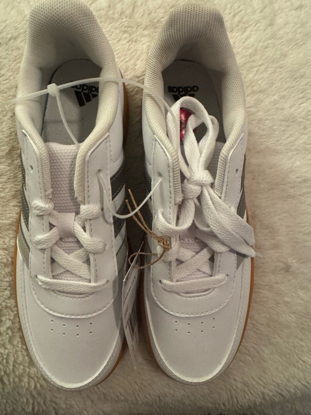 adidas Kids White Sneakers with Gray Stripes and Gum Sole